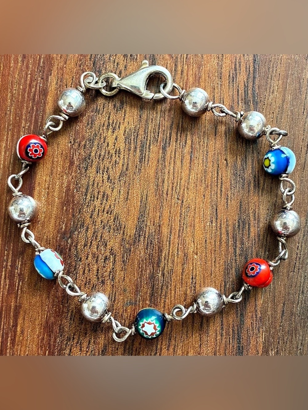 Multicolor Millefiori 925 Sterling Silver Beaded Chain Bracelet Ball